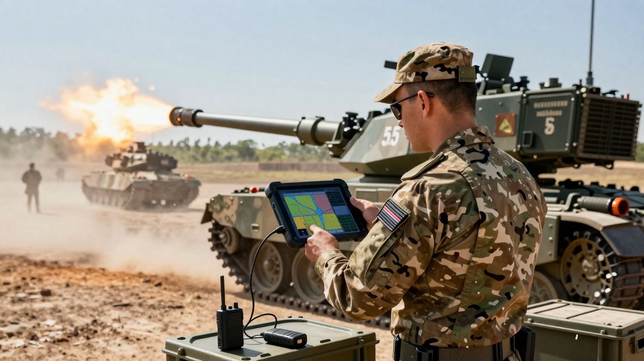 Soldat en tenue camouflage utilisant une tablette pour contrôler un char d’assaut tirant sur un champ poussiéreux.