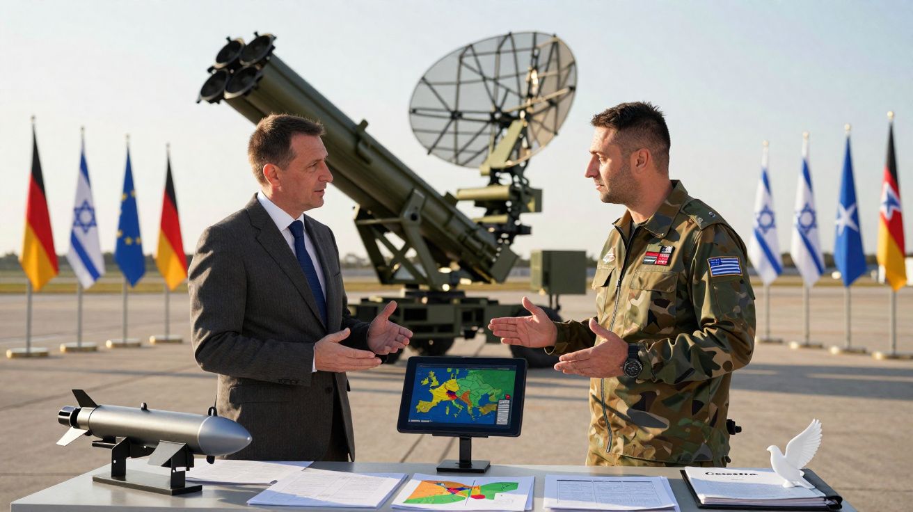 Deux hommes discutent devant un écran avec des cartes, un missile et des drapeaux en arrière-plan.