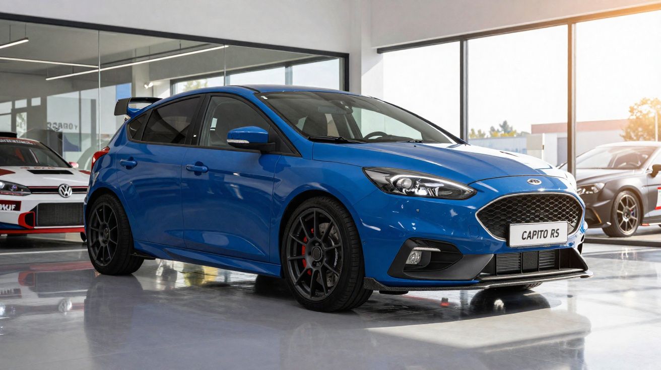Voiture compacte bleue sport avec jantes noires dans un showroom lumineux et moderne.