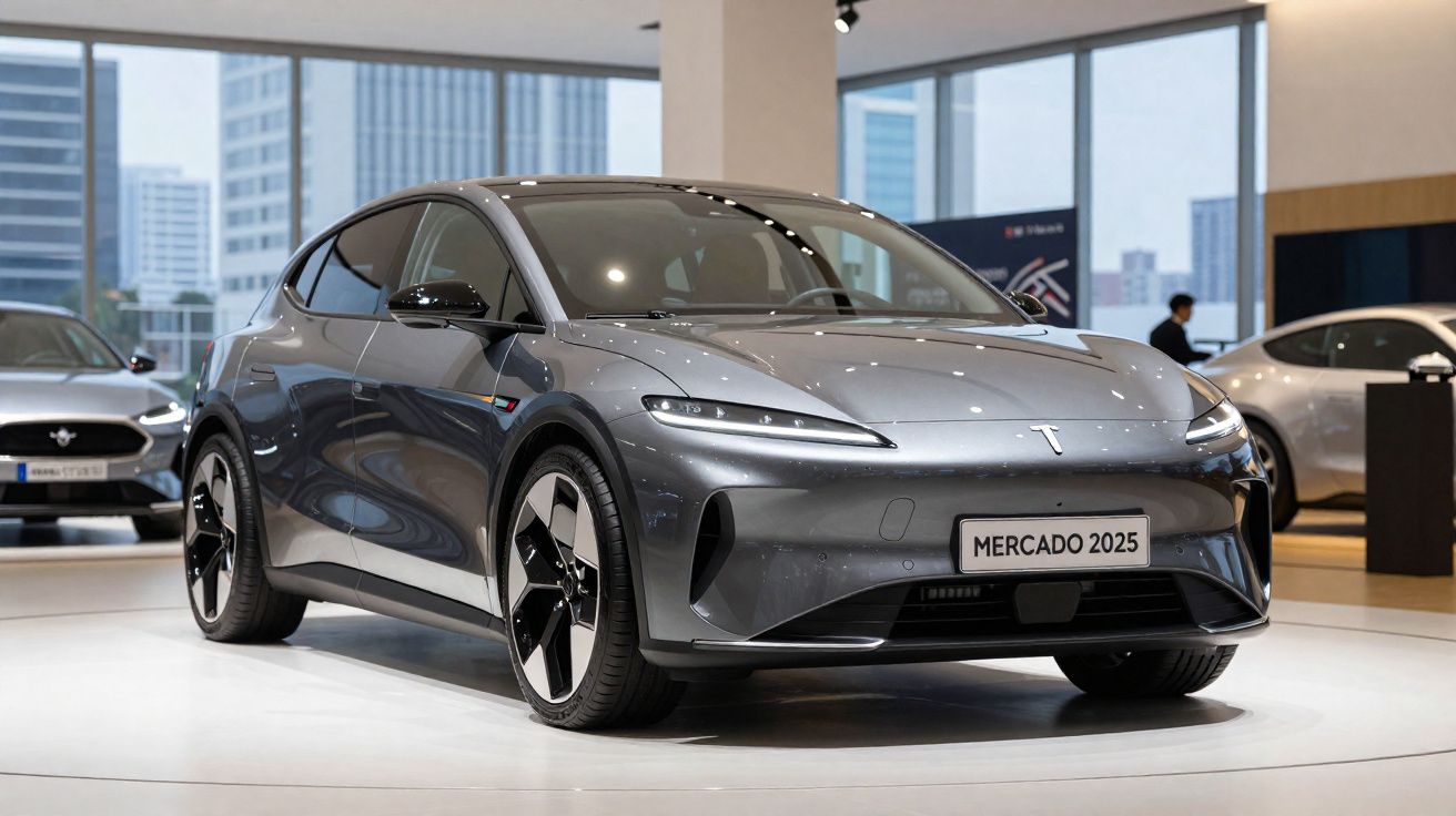Voiture électrique Tesla modèle Mercado 2025 grise exposée dans un showroom moderne et lumineux.