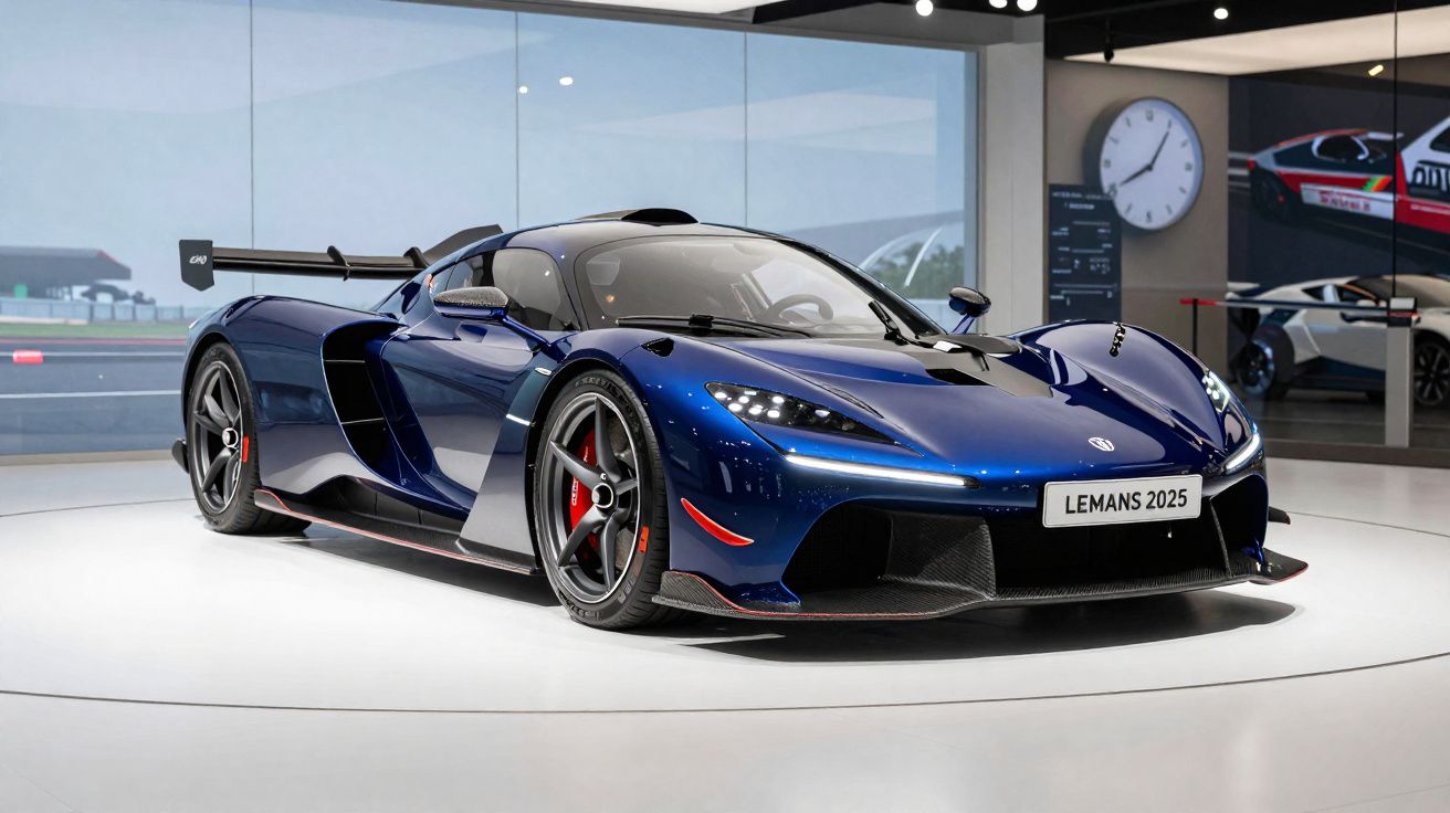 Voiture de course bleue brillante exposée en intérieur avec plaque LeMans 2025 et grande horloge murale.
