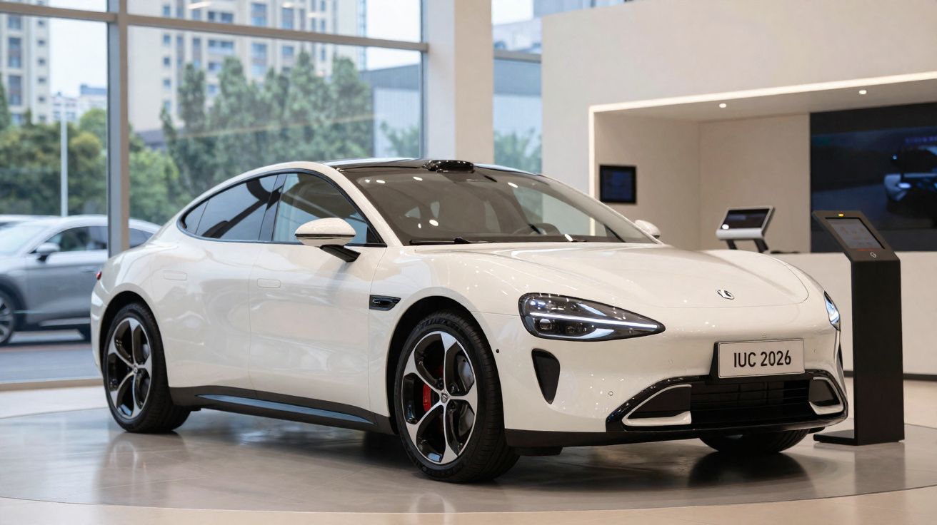 Voiture électrique blanche moderne exposée dans un showroom lumineux avec grandes baies vitrées.