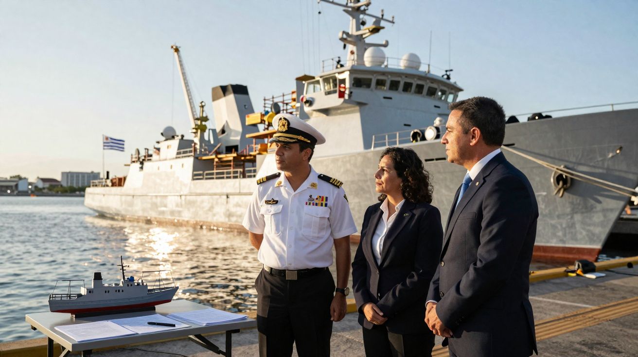 Trois personnes en tenue officielle près d’un navire militaire amarré au port au coucher du soleil.