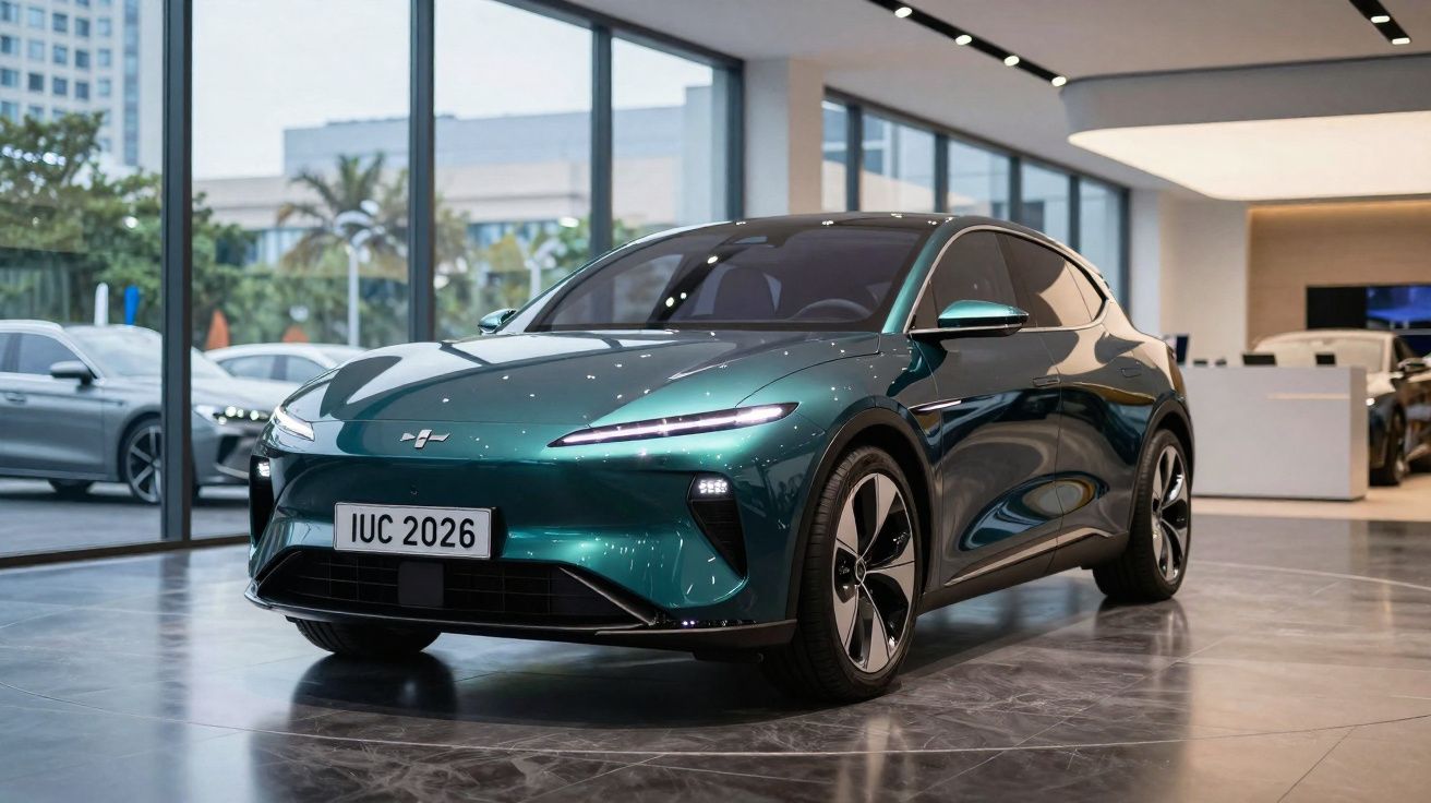 Voiture électrique verte brillante exposée dans un showroom moderne avec grandes fenêtres lumineuses.
