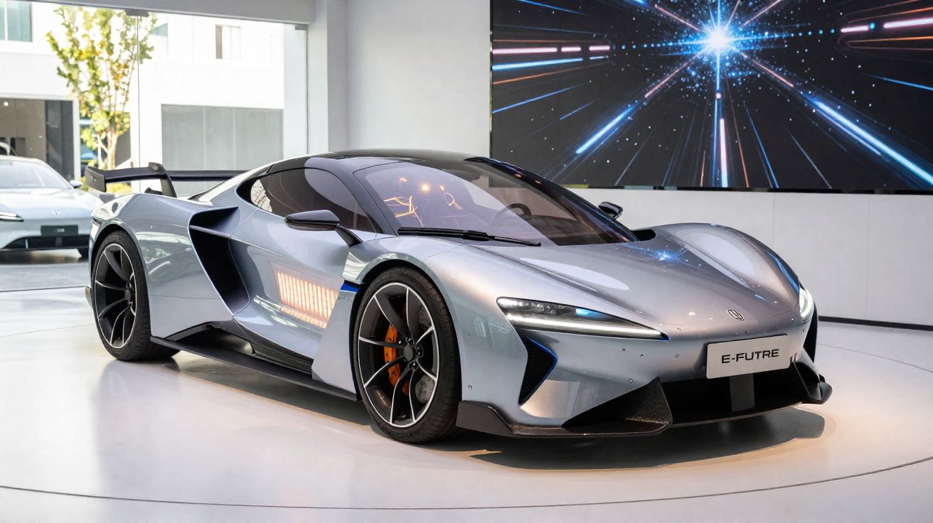 Voiture de sport électrique grise brillante exposée dans un showroom moderne avec écran numérique en arrière-plan.