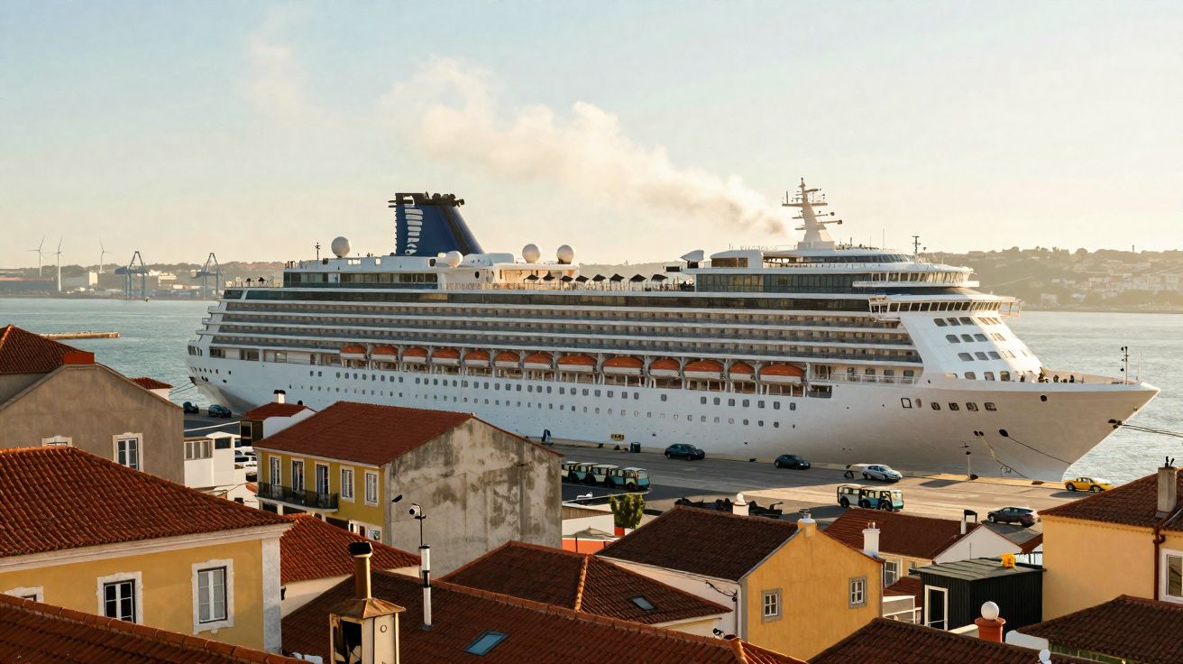 Grand paquebot de croisière blanc amarré près de maisons traditionnelles à toits rouges au bord de l'eau.