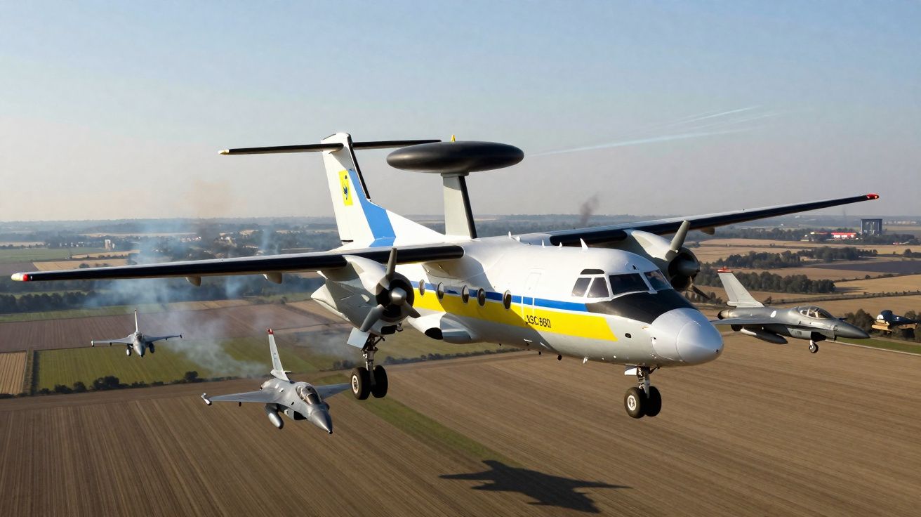 Avion de surveillance AWACS survole une campagne avec trois chasseurs militaires accompagnants.