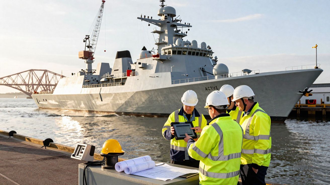 Trois ouvriers en gilets jaunes et casques blancs consultent des plans devant un navire militaire à quai.