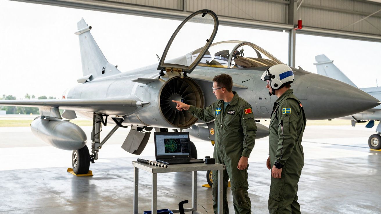 Deux pilotes en combinaison discutent devant un avion de chasse gris dans un hangar, ordinateur sur une table.