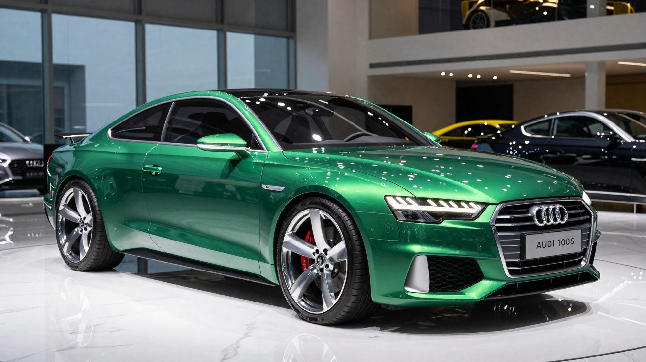 Voiture de sport Audi 100S verte exposée dans un showroom moderne avec éclairage intense et sol blanc brillant.