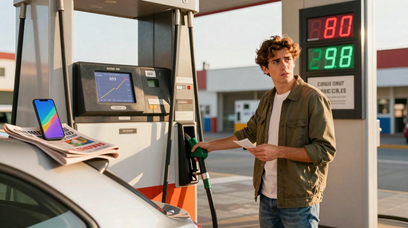 Jeune homme remplissant son réservoir d'essence à une station-service avec un téléphone et un journal posés sur la voiture.