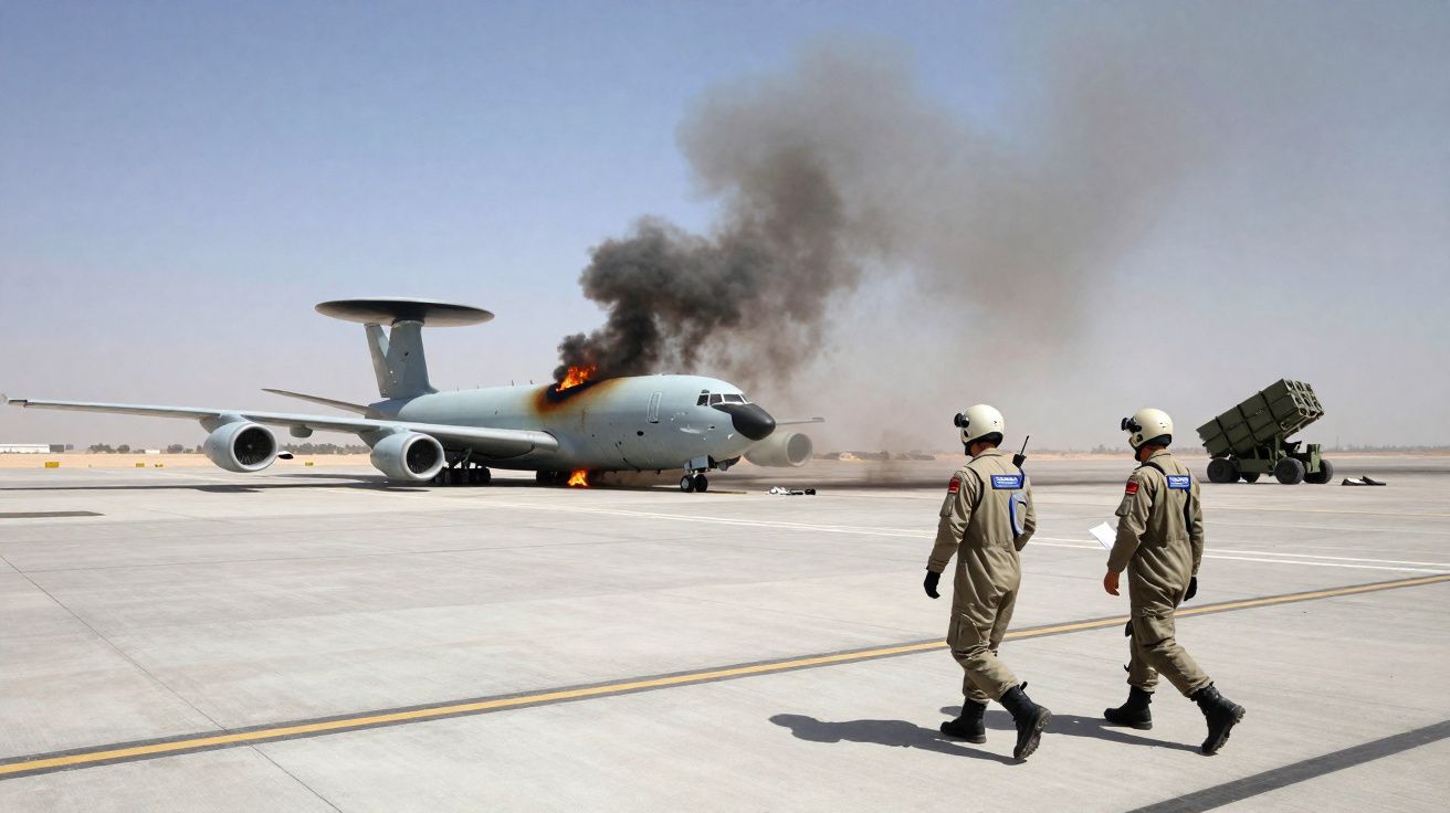 Avion militaire en feu sur un tarmac désertique avec deux soldats en tenue de combat s'approchant.
