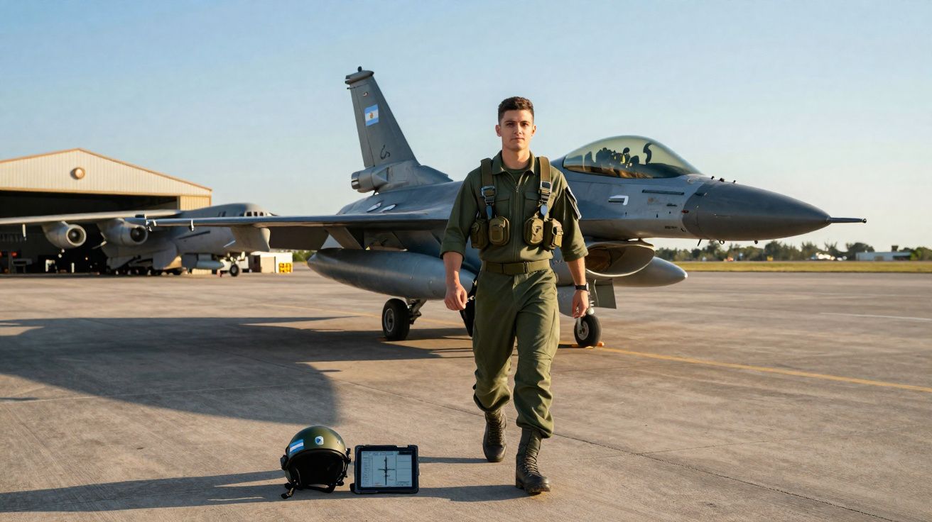 Pilote militaire en tenue verte marchant devant un avion de chasse sur une piste d’aéroport.
