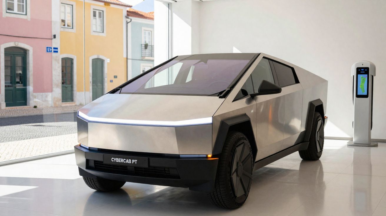 Voiture électrique Cybercab PT au design anguleux, exposée dans un showroom moderne, près d'une borne de recharge.