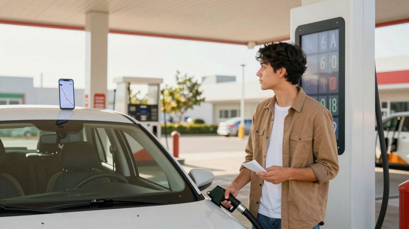 Jeune homme tenant un reçu en faisant le plein d'essence de sa voiture à une station-service.