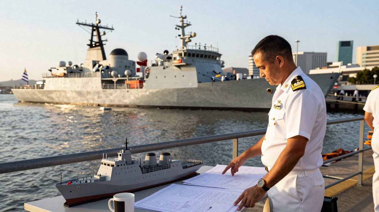 Officier de marine examinant des plans près d'une maquette de navire avec un véritable navire de guerre en arrière-plan.