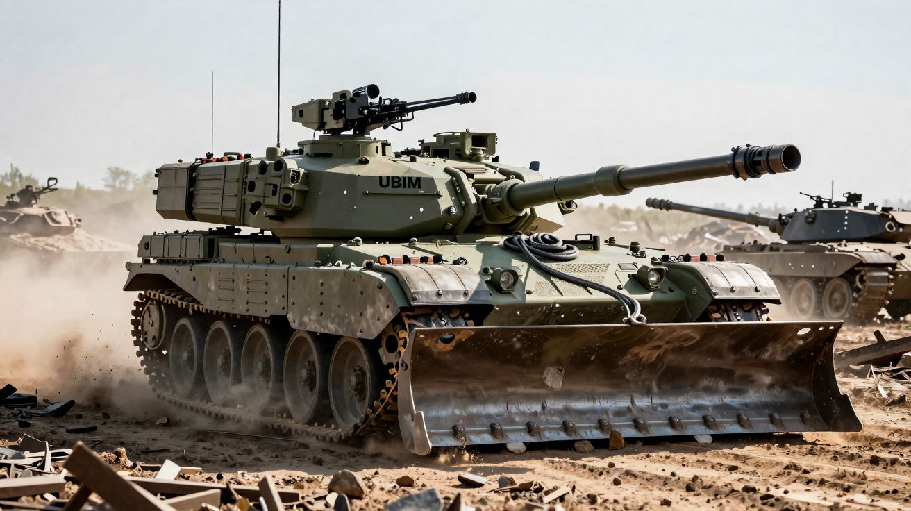 Char blindé militaire équipé d'une lame bulldozer roulant sur un terrain poussiéreux avec d'autres chars en arrière-plan.