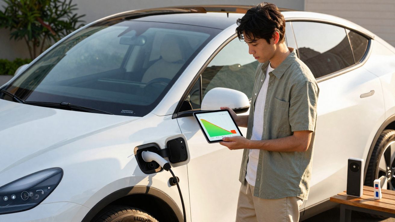 Jeune homme utilisant une tablette pour surveiller la recharge d'une voiture électrique blanche.