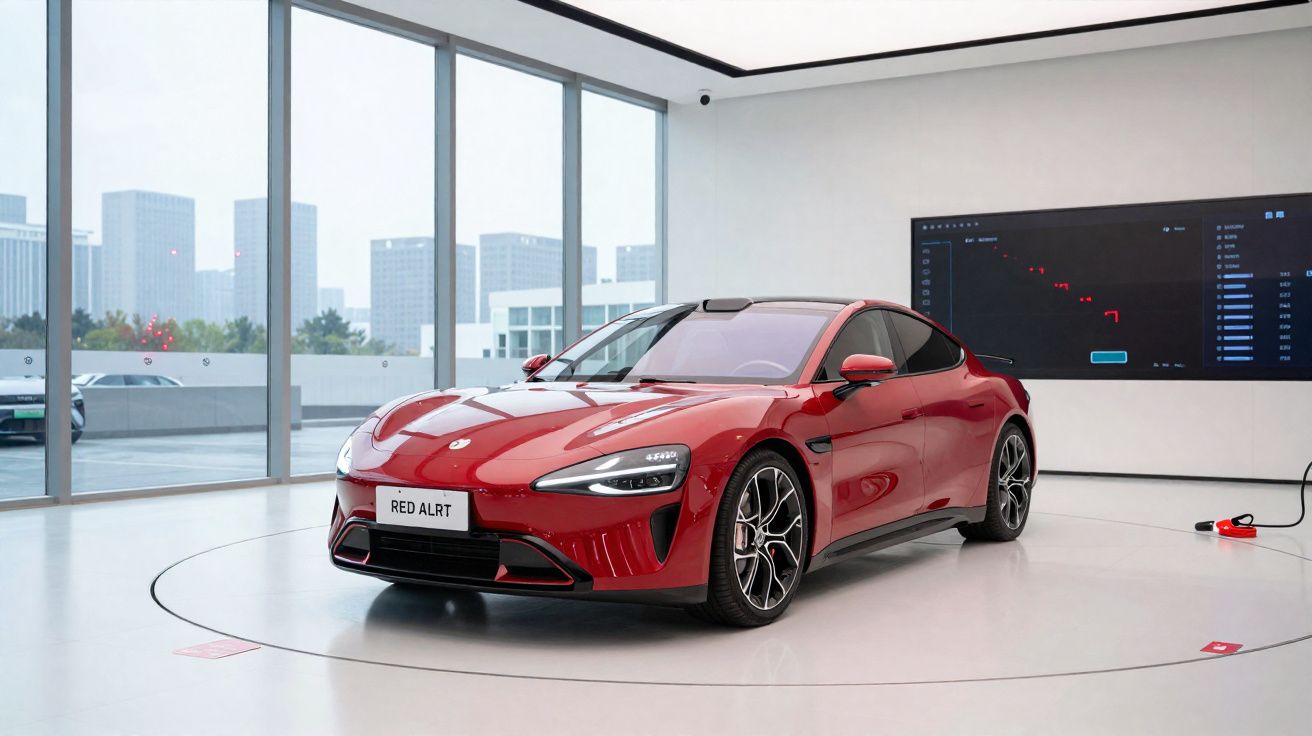 Voiture de sport rouge électrique exposée dans un showroom moderne avec grandes baies vitrées.