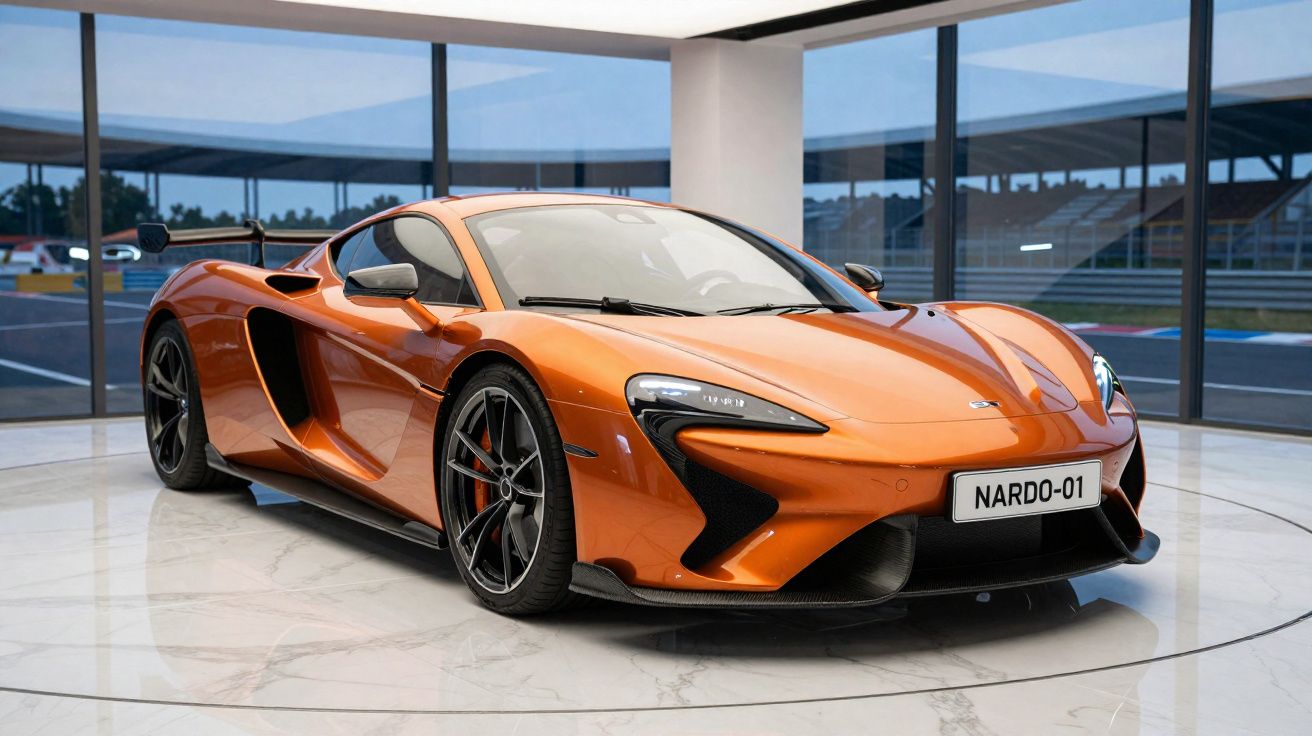 Voiture de sport orange métallisé exposée dans un showroom avec grandes baies vitrées.