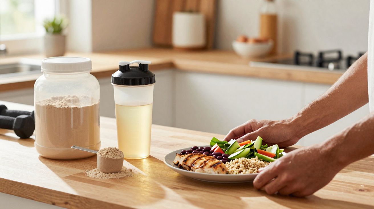 Un homme prend une assiette avec poulet grillé, légumes, quinoa, à côté d’une poudre protéinée et un shaker.