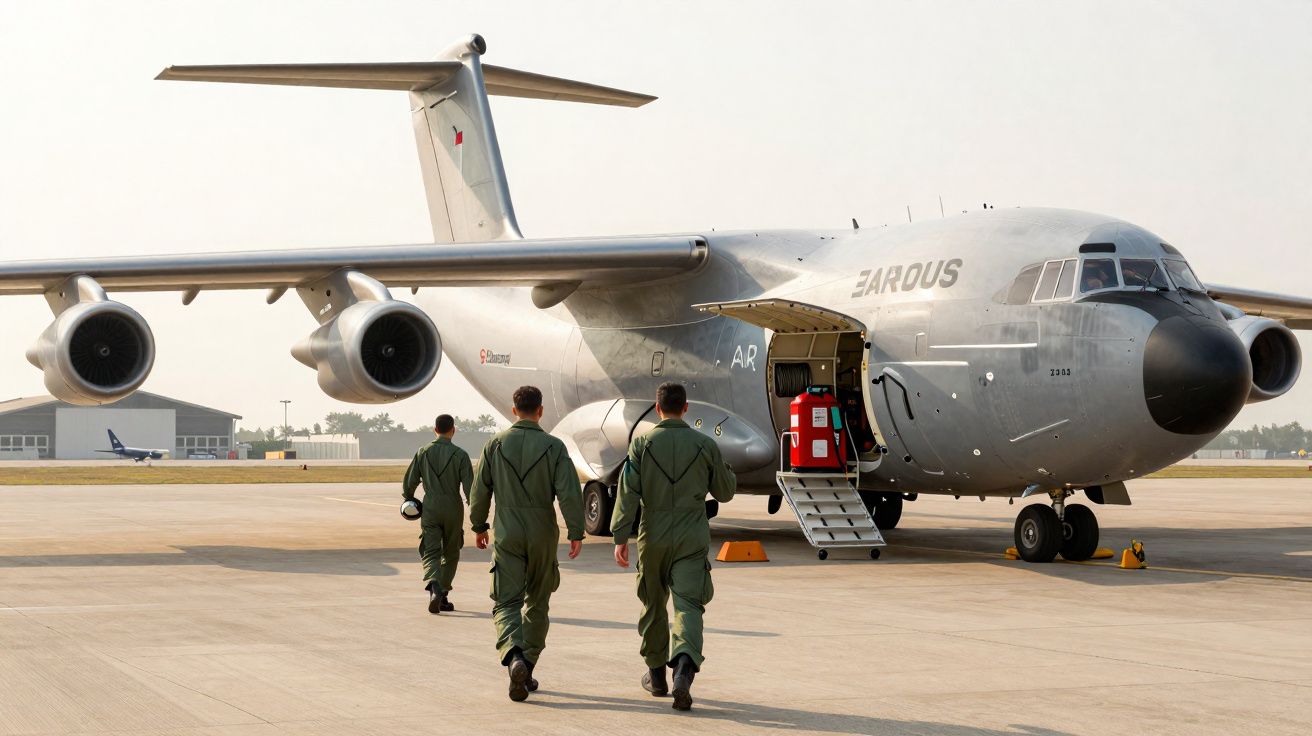 Quatre militaires en tenue verte marchant vers un avion de transport militaire gris stationné sur un tarmac.