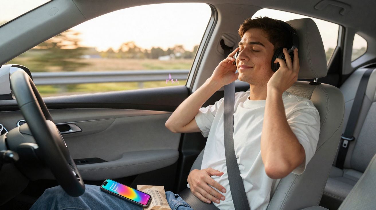 Jeune homme détendu dans une voiture, casque sur les oreilles, profitant de la musique au coucher du soleil.