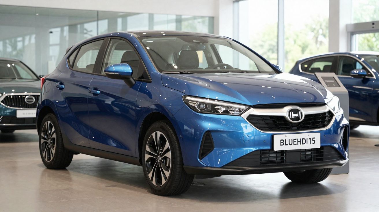 Voiture compacte bleue modèle BLUEHDI15 exposée dans un showroom moderne avec d'autres voitures en arrière-plan.