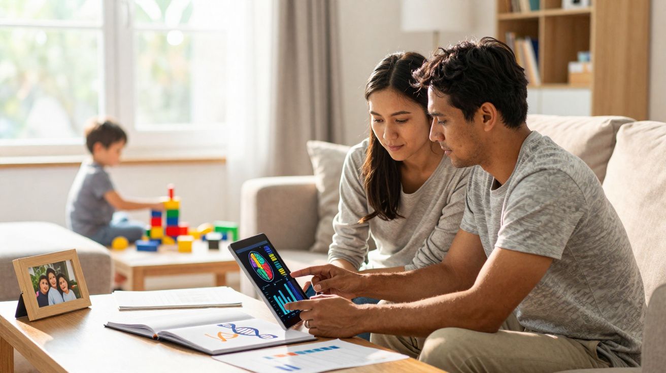 Un couple consulte ensemble des graphiques sur une tablette dans un salon, un enfant joue avec des blocs en arrière-plan.
