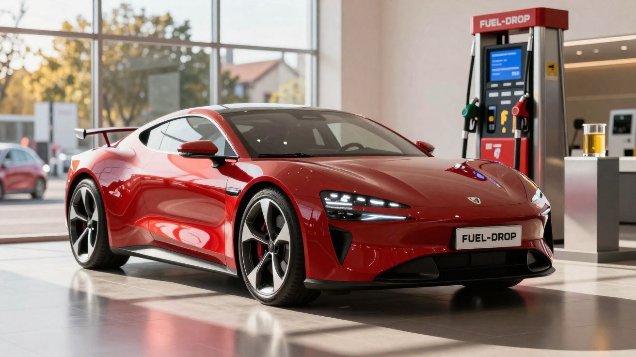 Voiture de sport rouge brillante stationnée à côté d'une pompe à essence moderne dans un intérieur lumineux.