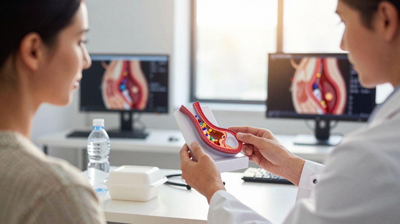 Médecin expliquant à une patiente un modèle anatomique de l'appareil digestif avec des écrans en arrière-plan.