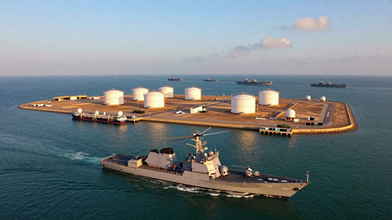 Navire militaire naviguant près d'une île industrielle avec réservoirs de stockage et plusieurs autres navires en arrière-pla