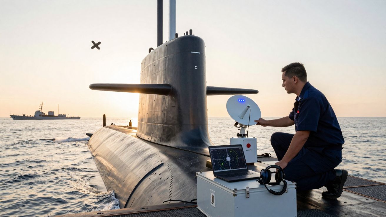 Homme en uniforme manipulant du matériel de communication près d’un sous-marin à la surface au coucher du soleil.