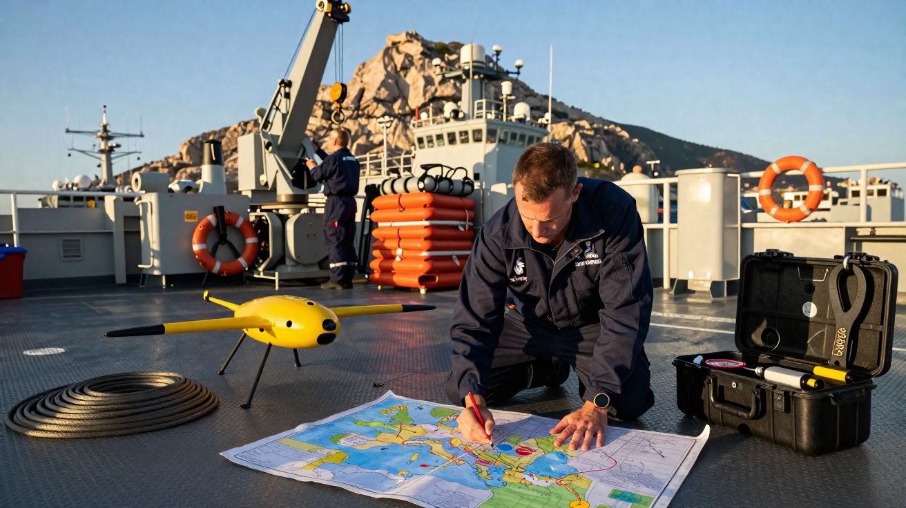 Militaire en uniforme planifie une mission avec une carte et un drone jaune sur un navire en mer.