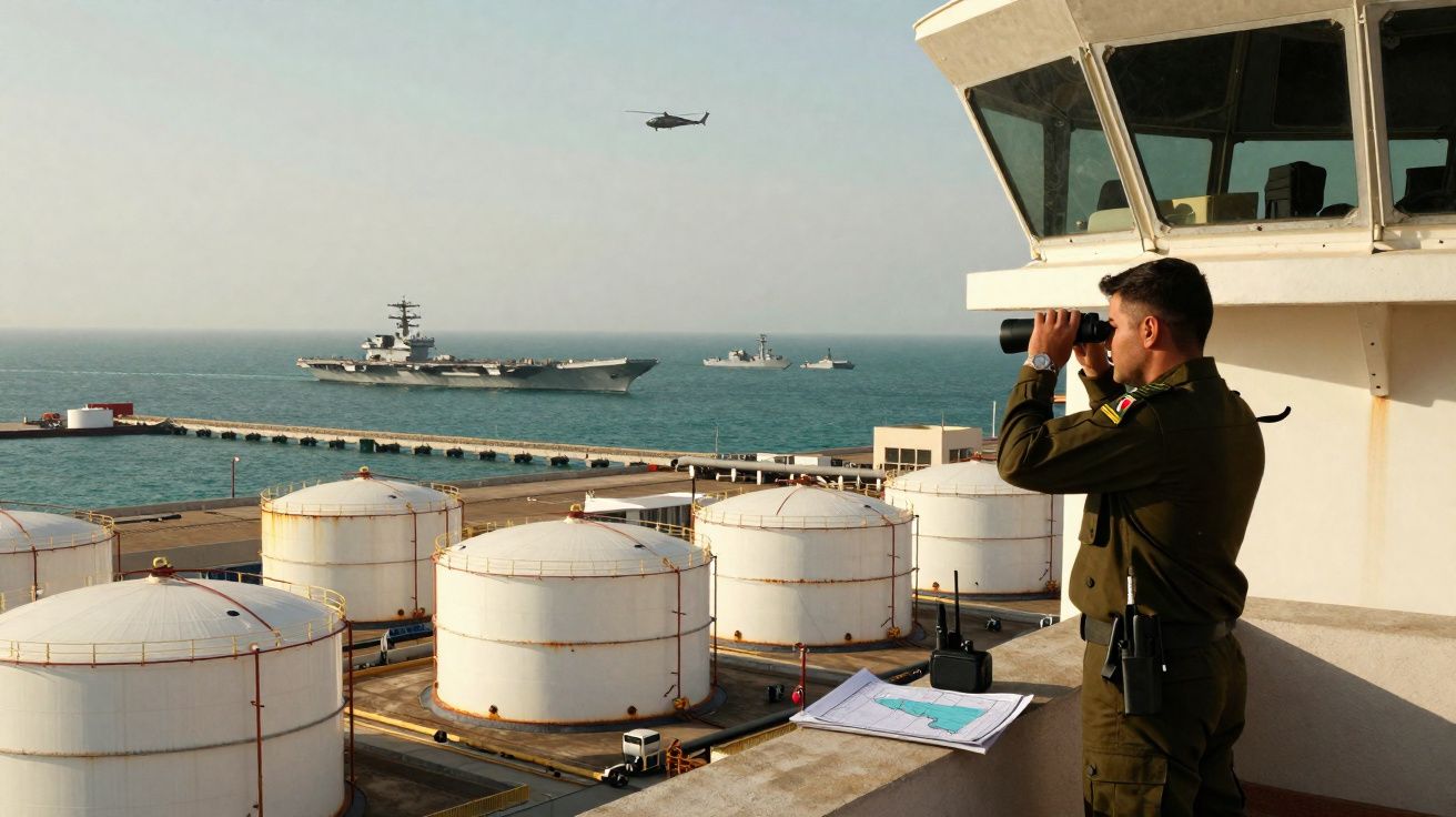 Un militaire observe à la jumelle un porte-avions et des navires en mer depuis une plateforme industrielle pétrolière.