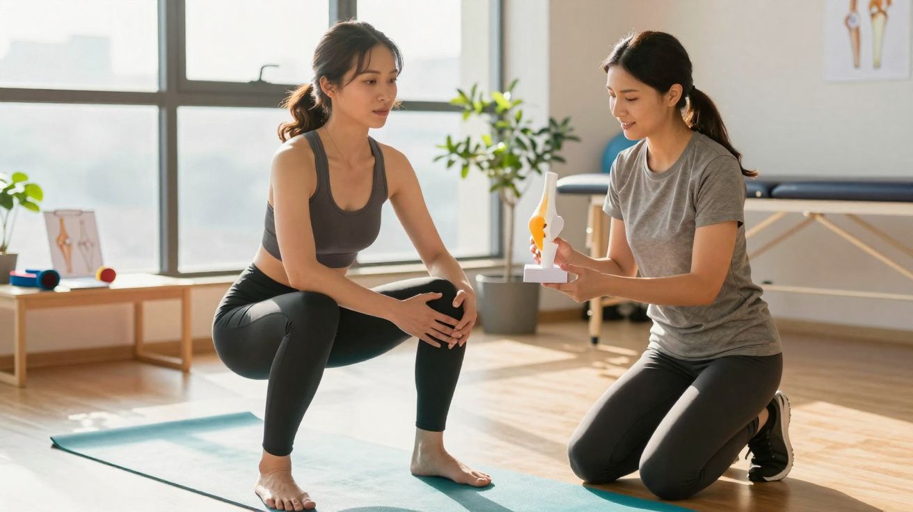Une femme en tenue de sport consulte un modèle anatomique du genou avec une professionnelle en salle de rééducation.