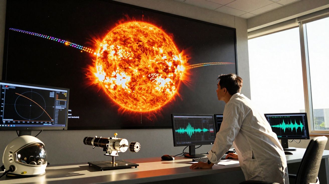 Scientifique observant une simulation numérique du Soleil en éruption sur un grand écran dans un laboratoire moderne.