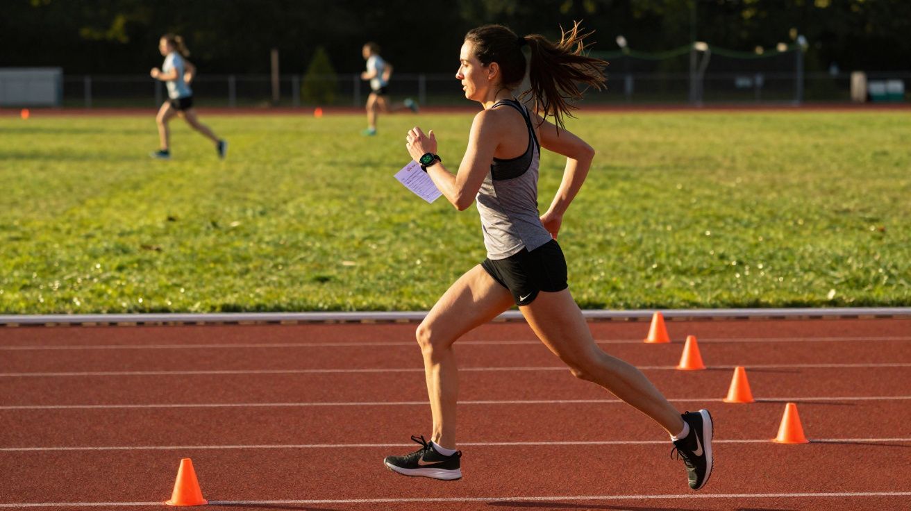Femme courant sur une piste d'athlétisme rouge en tenue sportive sous un soleil couchant.