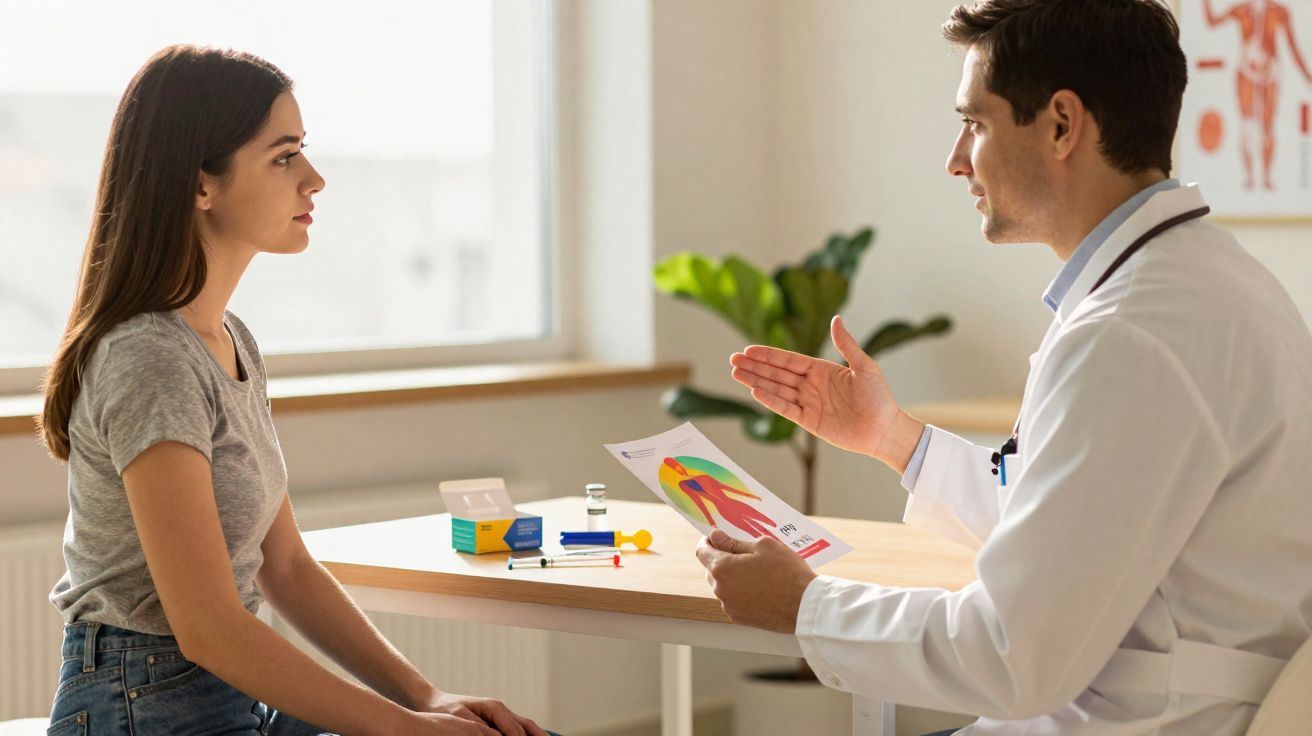 Une jeune femme consulte un médecin qui lui explique un schéma coloré du corps humain.