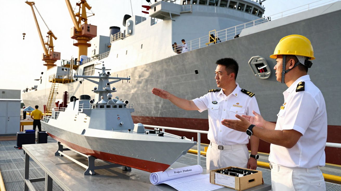 Deux officiers en uniforme discutent devant une maquette de navire militaire sur un quai portuaire.