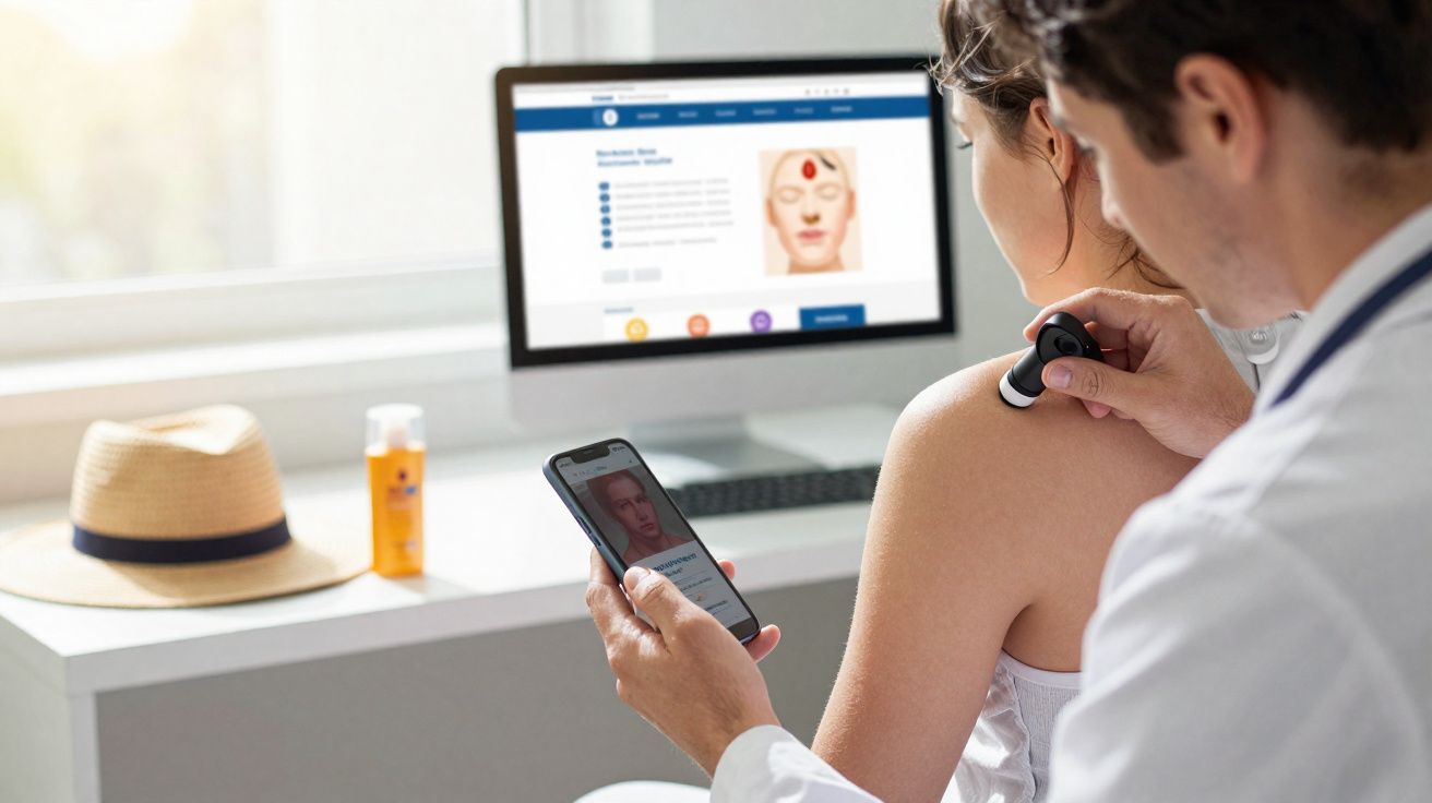 Médecin dermatologue examine un grain de beauté sur l'épaule d'une patiente avec un dermatoscope.