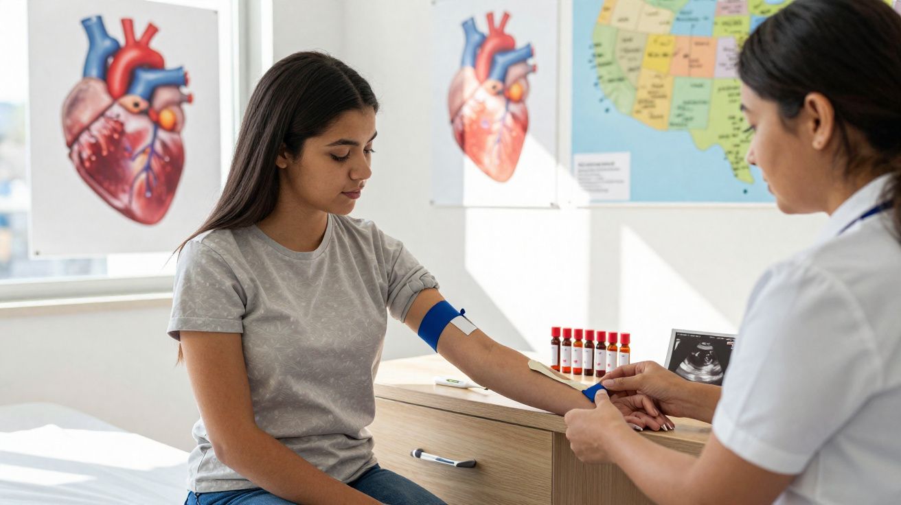 Jeune femme assise se faisant prélever du sang par une infirmière en consultation médicale.