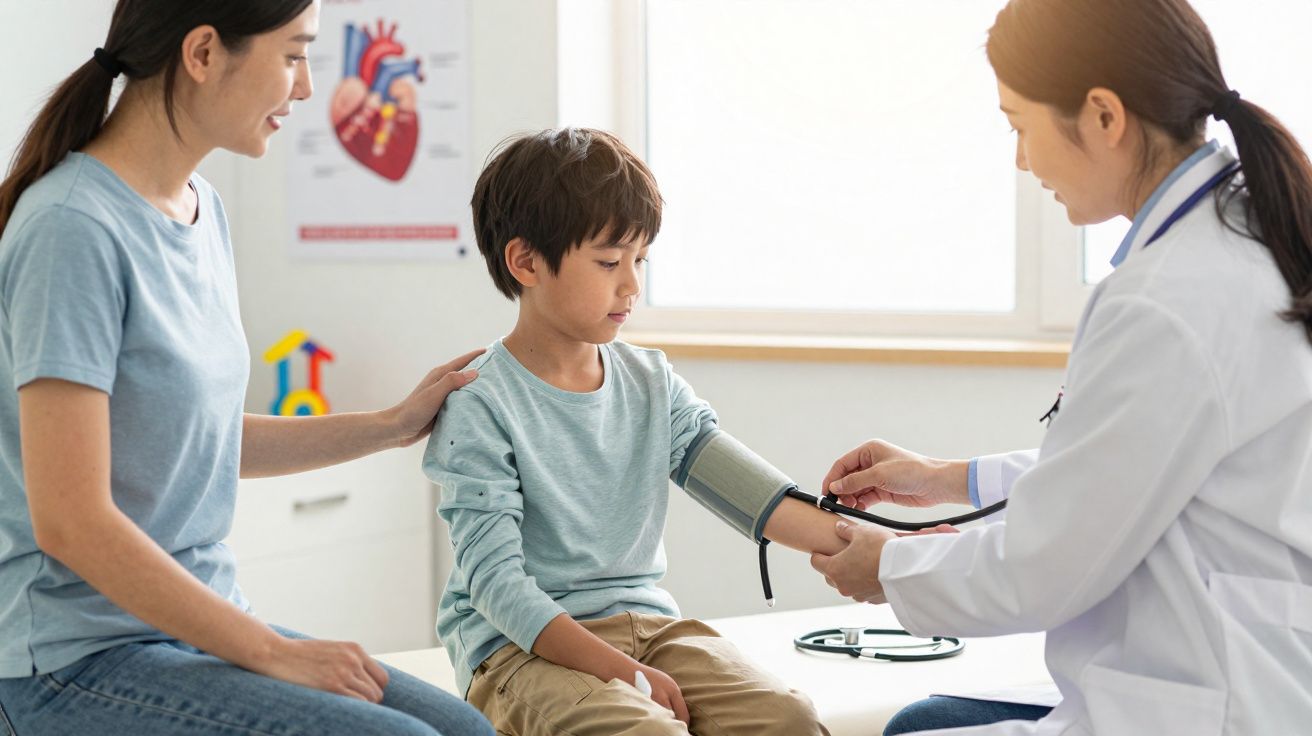 Un enfant assis pendant qu'une médecin mesure sa tension, une femme souriante posant la main sur l'enfant.