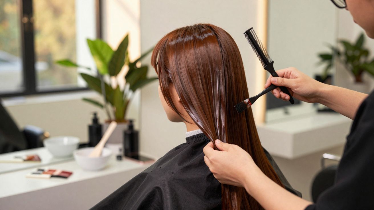 Coiffeur appliquant un produit de soins sur les cheveux longs et lisses d'une cliente en salon.