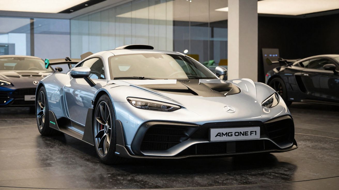 Voiture de sport Mercedes AMG ONE F1 argentée exposée dans un showroom moderne avec deux autres véhicules en arrière-plan.