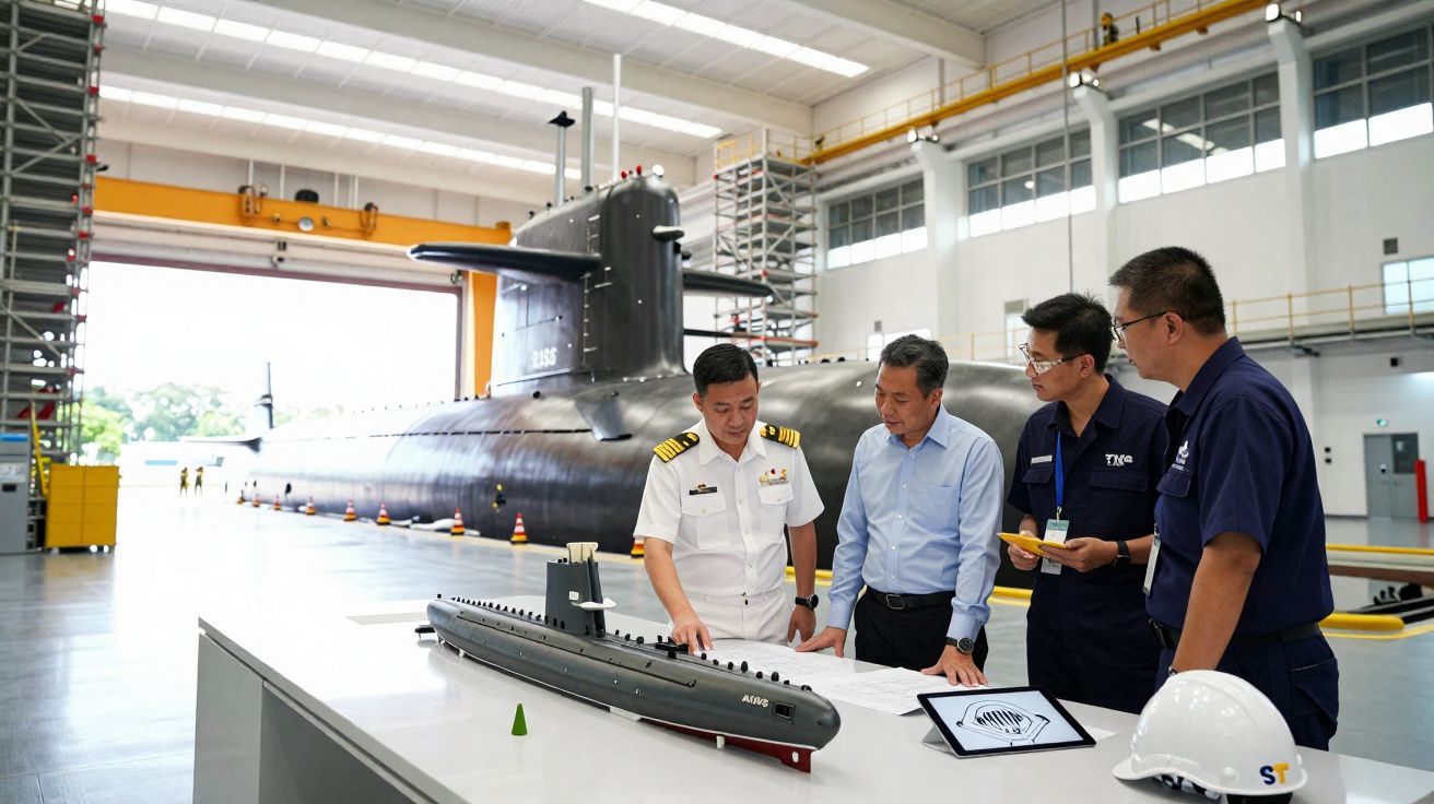 Quatre hommes discutent devant une maquette de sous-marin dans un grand hangar avec un sous-marin réel en arrière-plan.