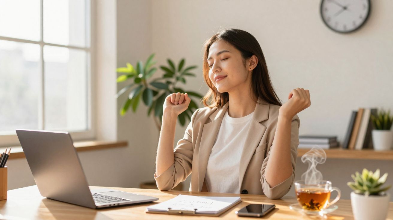Femme souriante s’étirant les bras assise à un bureau avec un ordinateur portable, carnet et tasse de thé fumant.