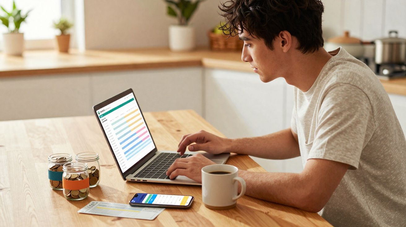 Jeune homme concentré travaillant sur un ordinateur portable à une table avec café et smartphone.