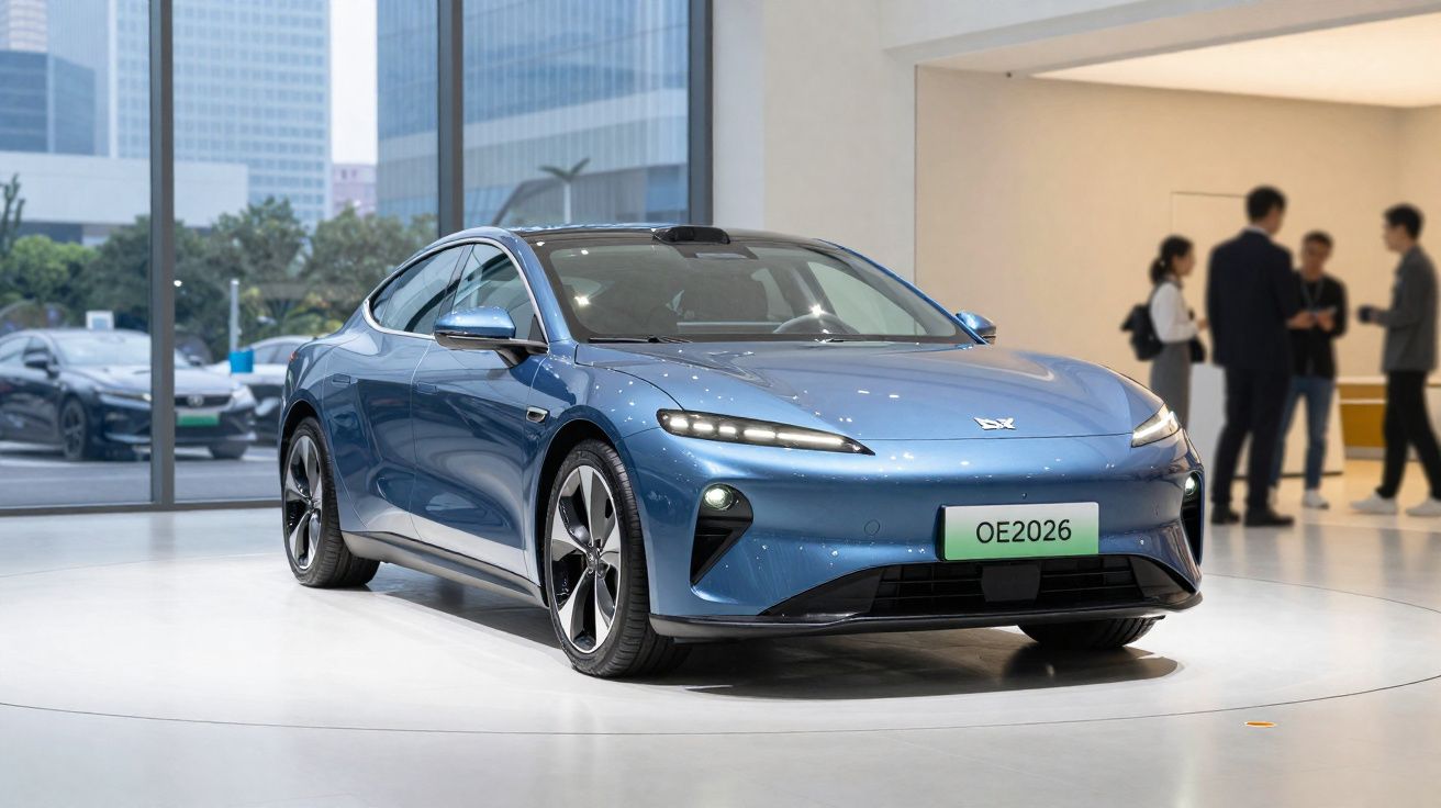 Voiture électrique bleue moderne exposée en intérieur avec des personnes floues en arrière-plan.