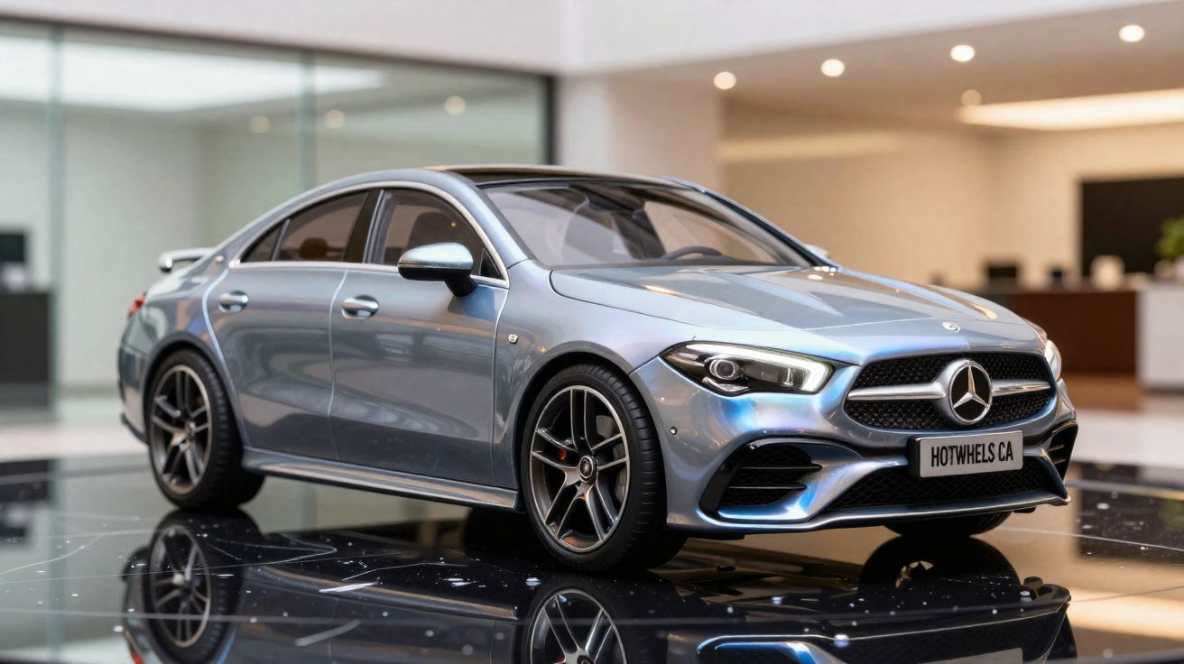 Voiture miniature Mercedes grise sur table brillante avec fond flou intérieur moderne.